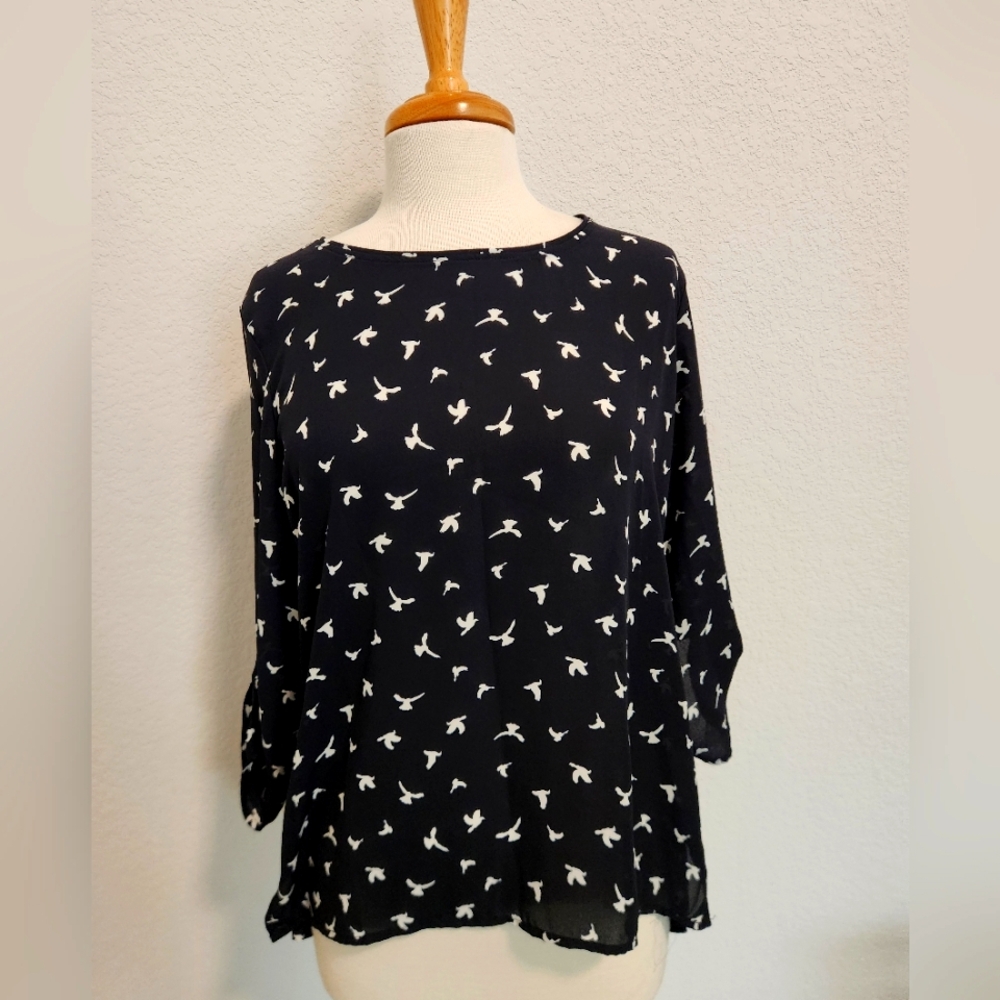 Sweet Rain Navy Blue Bird Pattern Blouse